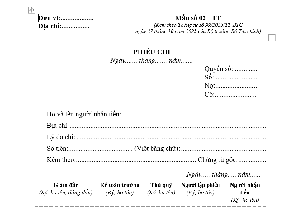Mẫu phiếu chi